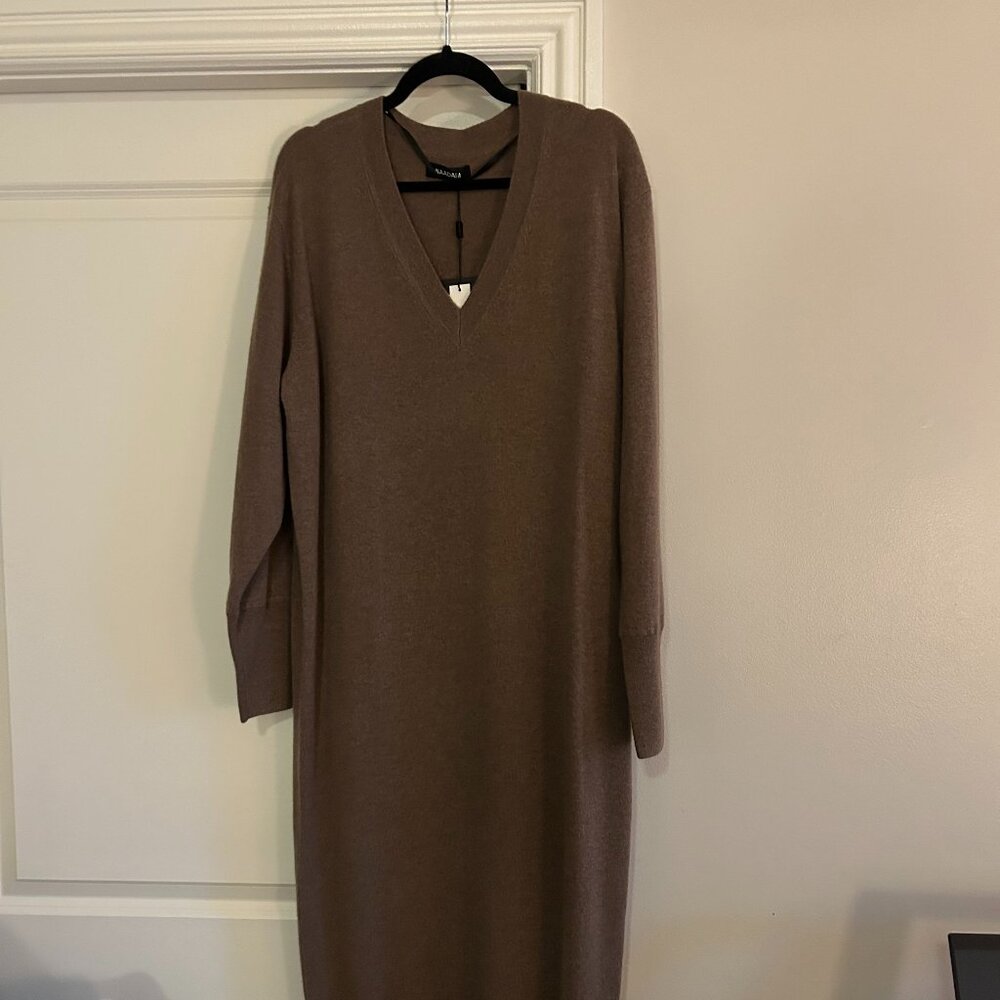 NWT NAADAM Cashmere V-Neck Dress, Size L, Midi length, in Latte (light brown)